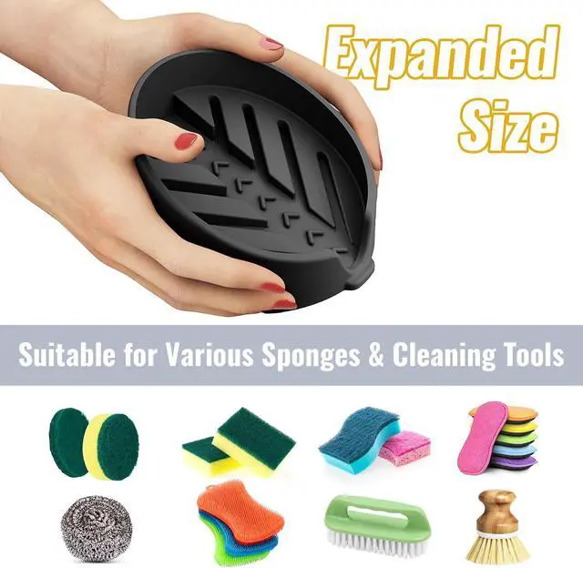 Alt view image 3 of 7 - NiHome Silicone Sponge Holder for Kitchen Sink, Fits Scrub Daddy Mommy | Self-Draining Dispenser Organizer Tray, Sink Caddy Countertop Fits Soaps, Scrubber, Dishwasher Safe, Includes Brush