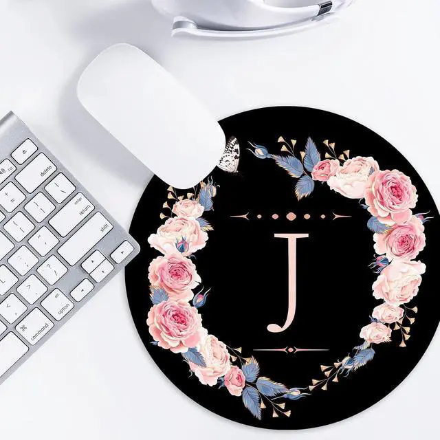 Alt view image 7 of 7 - Letter J Black and Pink Flowers Round Mouse Pad, Funny Small Mouse Mat with Non-Slip Rubber Base, Home Office Decor Desk Accessory, 8.7 inch Round