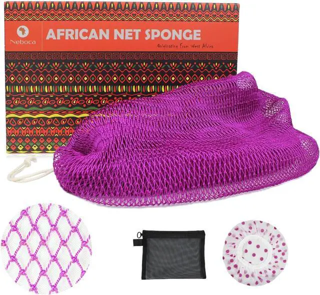 Main image of African Net Sponge Authentic African Exfoliating Net Sponge with Knots Real Sapo Sponge with Handles Afro Scrub Net Bath Cloth for Shower (Purple)