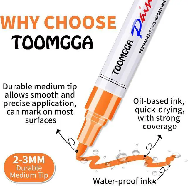 Alt view image 3 of 7 - TOOMGGA 2 Orange Paint Pens Permanent Paint Markers, Oil Based Medium Tip | Marking Pens, Quick Drying, Waterproof, Fade-resistant, for Rock Painting, Car Tyre, Metal, Plastic, Canvas, Mugs, Wood