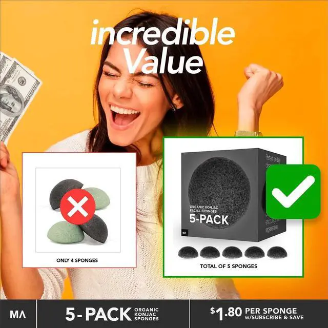 Alt view image 2 of 6 - Minamul Konjac Exfoliating Organic Facial Sponge Set, Gentle daily face scrub/skincare, best bamboo activated charcoal, Safe for Oily, Dry, Combination or Sensitive skin, Makeup Remover, 5 pack