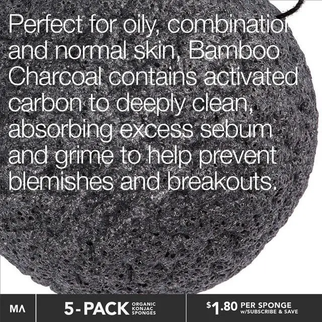 Alt view image 3 of 6 - Minamul Konjac Exfoliating Organic Facial Sponge Set, Gentle daily face scrub/skincare, best bamboo activated charcoal, Safe for Oily, Dry, Combination or Sensitive skin, Makeup Remover, 5 pack