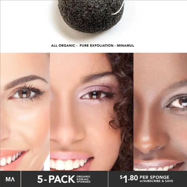 Alt view image 5 of 6 - Minamul Konjac Exfoliating Organic Facial Sponge Set, Gentle daily face scrub/skincare, best bamboo activated charcoal, Safe for Oily, Dry, Combination or Sensitive skin, Makeup Remover, 5 pack
