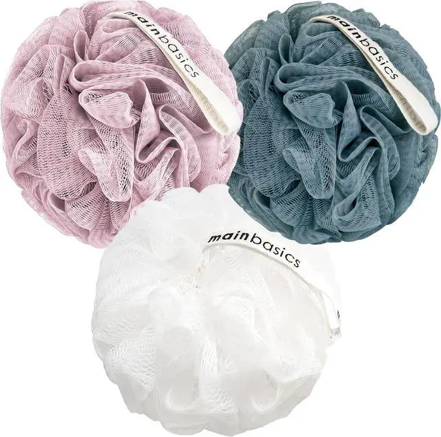 Main image of MainBasics Shower Loofah Sponge Pouf, Set of 3, Airy Blossom | Soft Mesh Body Scrubber and Bath Sponge for Gentle Exfoliation, Rich Lather, and Everyday Shower Use