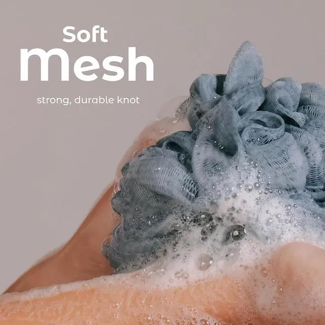 Alt view image 3 of 7 - MainBasics Shower Loofah Sponge Pouf, Set of 3, Airy Blossom | Soft Mesh Body Scrubber and Bath Sponge for Gentle Exfoliation, Rich Lather, and Everyday Shower Use