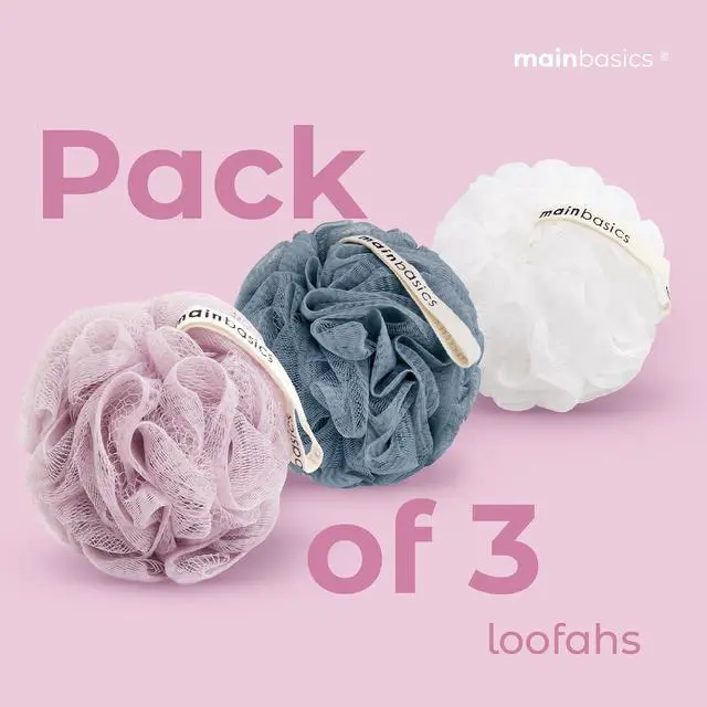 Alt view image 6 of 7 - MainBasics Shower Loofah Sponge Pouf, Set of 3, Airy Blossom | Soft Mesh Body Scrubber and Bath Sponge for Gentle Exfoliation, Rich Lather, and Everyday Shower Use
