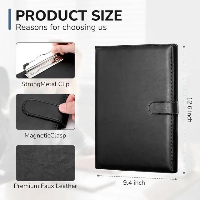 Alt view image 2 of 7 - Professional Padfolio with Clipboard, Faux Leather Portfolio Folder Binder, Legal Pad Holder for A4 Letter Size Notepad, Resume, Writing Pad, Ideal Organizer for Business Office Conference, Black,
