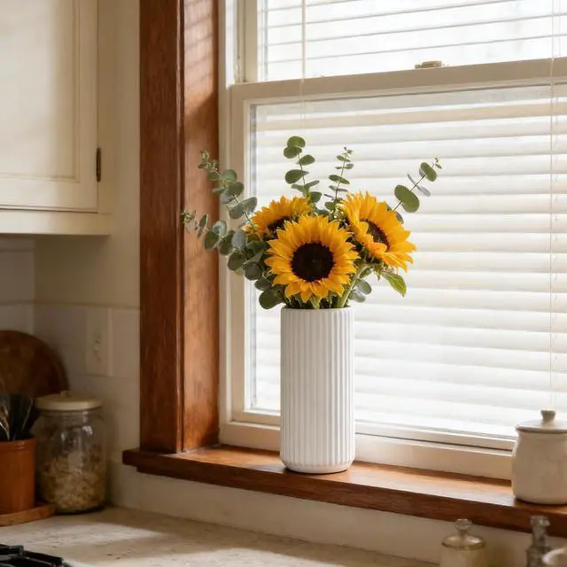 Alt view image 2 of 7 - TIMEFOTO White Ceramic Flower Vase for Pampas Grass, 6 inch Small Decorative Centerpiece Ribbed Vase for Dining Table, Office Desktop, Shelf Bookshelf, Mantel, Bathroom, Countertop, Farmhouse, Gift