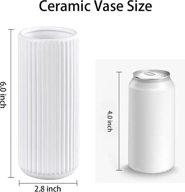 Alt view image 4 of 7 - TIMEFOTO White Ceramic Flower Vase for Pampas Grass, 6 inch Small Decorative Centerpiece Ribbed Vase for Dining Table, Office Desktop, Shelf Bookshelf, Mantel, Bathroom, Countertop, Farmhouse, Gift
