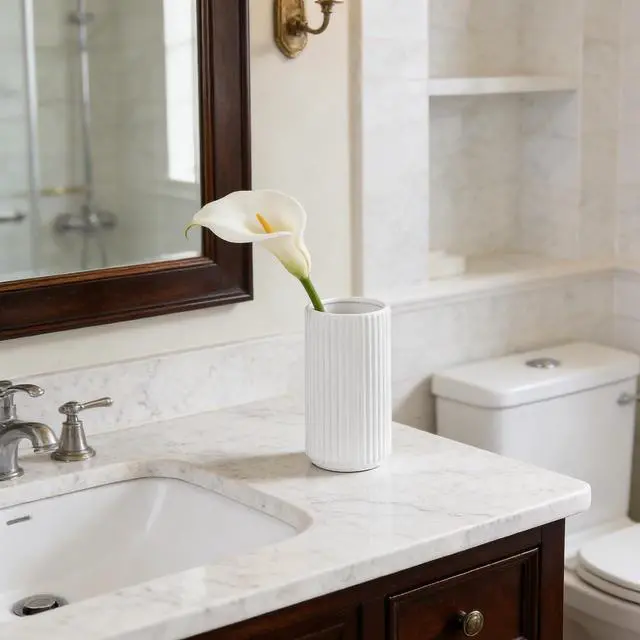 Alt view image 6 of 7 - TIMEFOTO White Ceramic Flower Vase for Pampas Grass, 6 inch Small Decorative Centerpiece Ribbed Vase for Dining Table, Office Desktop, Shelf Bookshelf, Mantel, Bathroom, Countertop, Farmhouse, Gift