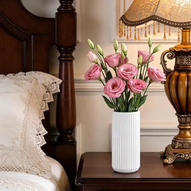 Alt view image 7 of 7 - TIMEFOTO White Ceramic Flower Vase for Pampas Grass, 6 inch Small Decorative Centerpiece Ribbed Vase for Dining Table, Office Desktop, Shelf Bookshelf, Mantel, Bathroom, Countertop, Farmhouse, Gift
