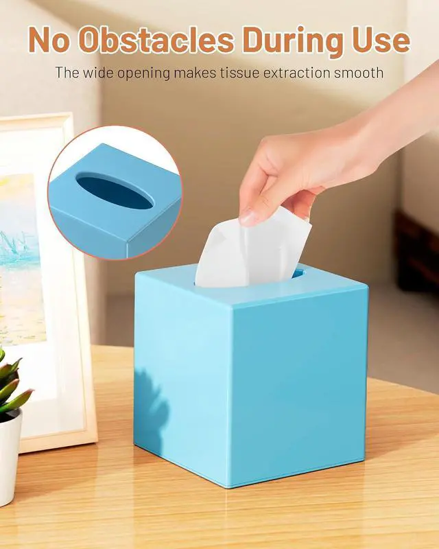Alt view image 4 of 7 - Tissue Box Cover, Square Plastic Tissue Box Holder with Anti Slip Base, Modern Decor Facial Napkin Holder for Bathroom Vanity Countertop, Bedroom Dresser, Night Stand, Parlors, Offices, Blue