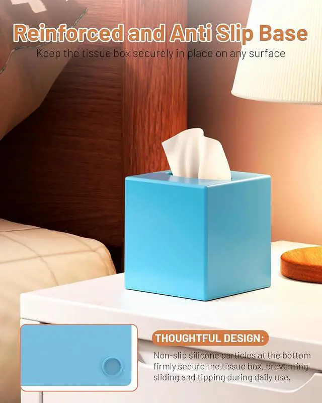Alt view image 5 of 7 - Tissue Box Cover, Square Plastic Tissue Box Holder with Anti Slip Base, Modern Decor Facial Napkin Holder for Bathroom Vanity Countertop, Bedroom Dresser, Night Stand, Parlors, Offices, Blue