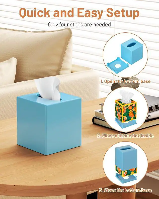 Alt view image 6 of 7 - Tissue Box Cover, Square Plastic Tissue Box Holder with Anti Slip Base, Modern Decor Facial Napkin Holder for Bathroom Vanity Countertop, Bedroom Dresser, Night Stand, Parlors, Offices, Blue