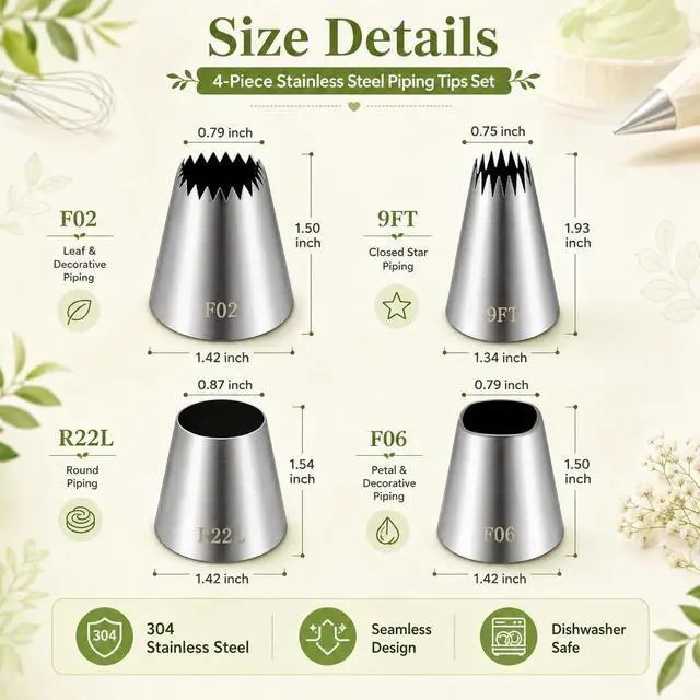 Alt view image 2 of 6 - Large Piping Nozzles, 4Pcs #9FT #F02#F06#R22L Stainless Steel Seamless Icing Piping Nozzle Tip Set for Cupcakes and Baking