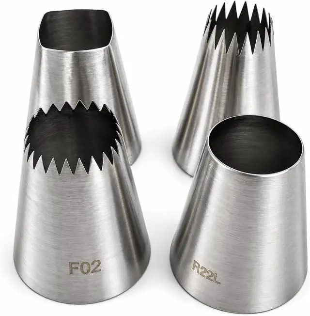 Main image of Large Piping Nozzles, 4Pcs #9FT #F02#F06#R22L Stainless Steel Seamless Icing Piping Nozzle Tip Set for Cupcakes and Baking