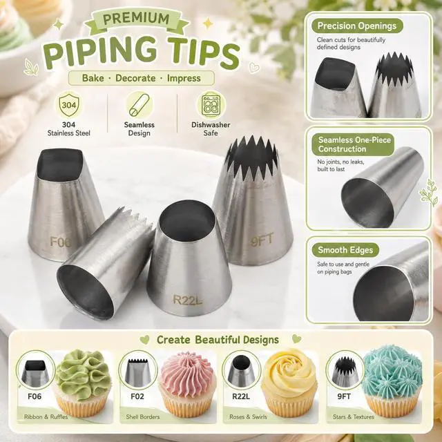 Alt view image 3 of 6 - Large Piping Nozzles, 4Pcs #9FT #F02#F06#R22L Stainless Steel Seamless Icing Piping Nozzle Tip Set for Cupcakes and Baking