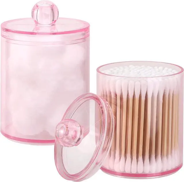 Main image of Tbestmax 2 Pack Qtip Holder Bathroom Jars Canisters for Cotton Ball Swab Pad Storage Dispenzer, Pink 10-Ounce