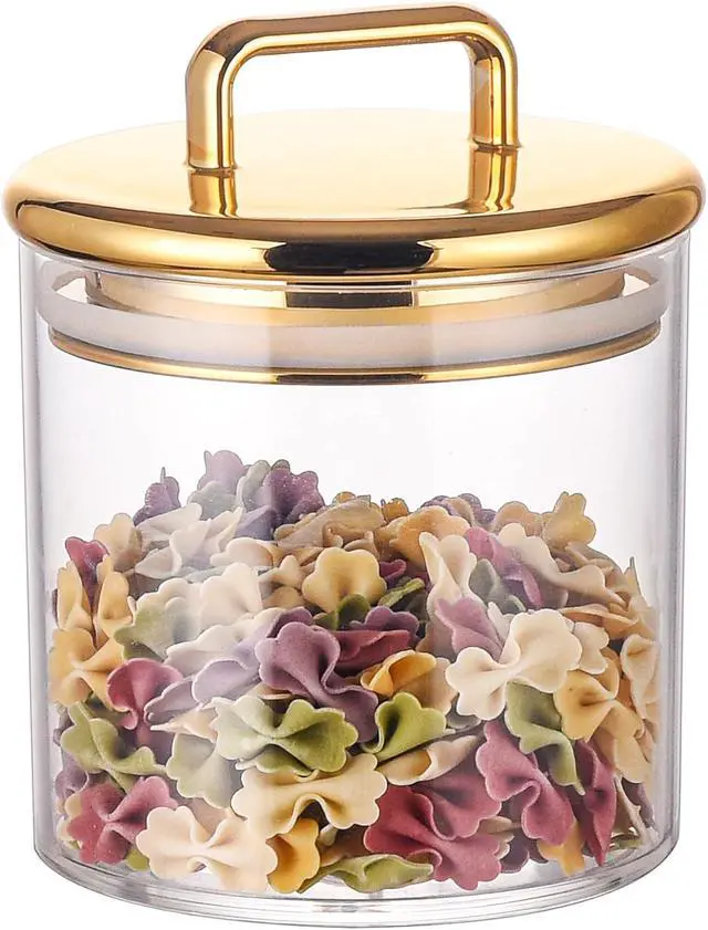 Main image of 16 oz Small Acrylic Storage Apothecary Jar with Gold Airtight Lid | Bathroom Vanity Organizer Containers | Ideal Decorative Canisters for Shells, Bath Salt, Cotton Swabs, Cotton Ball, Flossers