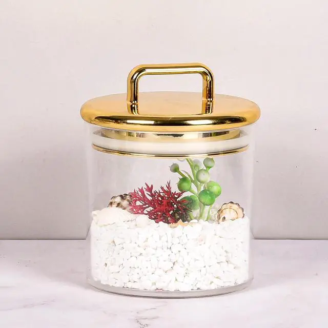 Alt view image 4 of 5 - 16 oz Small Acrylic Storage Apothecary Jar with Gold Airtight Lid | Bathroom Vanity Organizer Containers | Ideal Decorative Canisters for Shells, Bath Salt, Cotton Swabs, Cotton Ball, Flossers