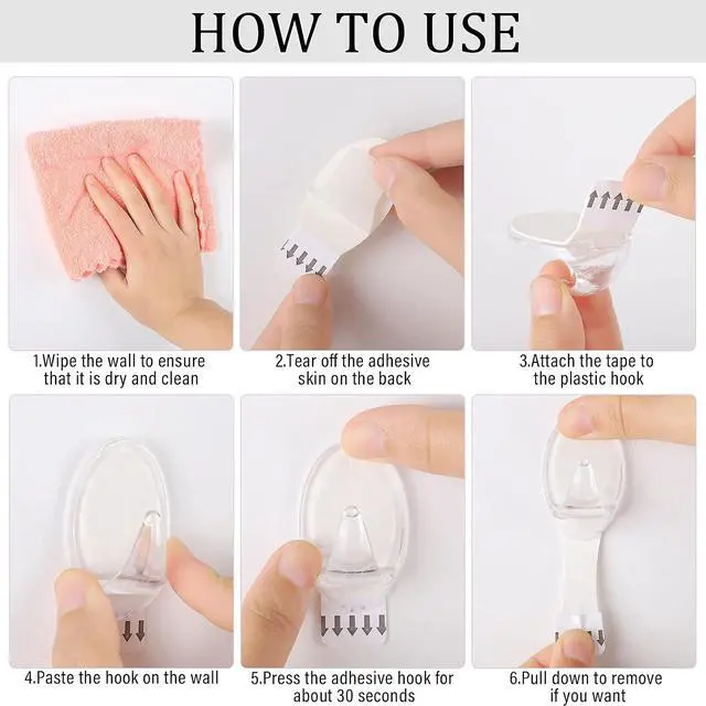 Alt view image 4 of 6 - Blulu 12 Pcs Clear Adhesive Hooks for Hanging Wall Hooks Heavy Duty 22 lb Max No Damage Waterproof Transparent Hook with 15 Pcs Self-Adhesive Tapes for Home Bathroom Kitchen Office Wall