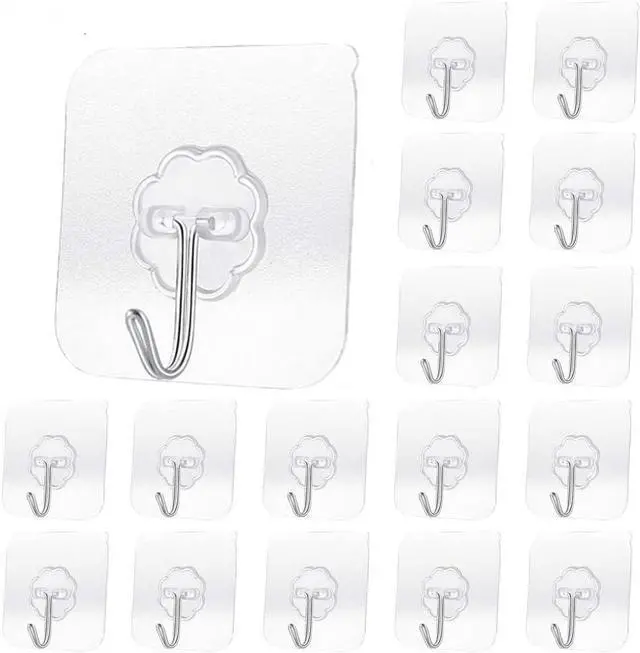 Main image of 20 Pack Transparent Adhesive Hooks 30 lb(Max), Waterproof and Oilproof Reusable Seamless Hooks, Heavy Duty Wall Hook for Kitchen Bathroom Office