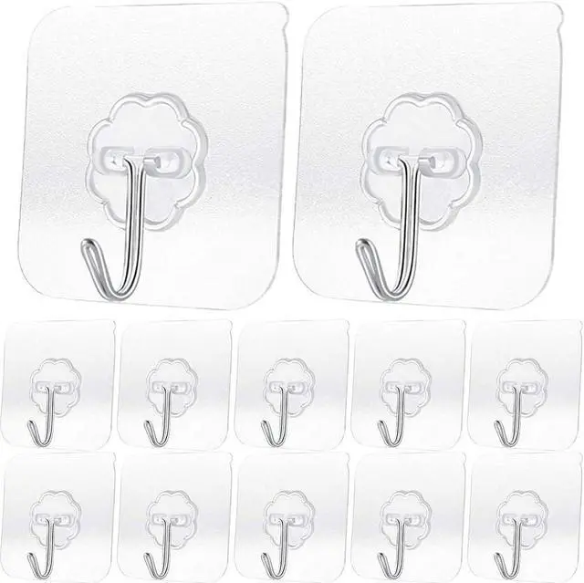 Alt view image 2 of 7 - 20 Pack Transparent Adhesive Hooks 30 lb(Max), Waterproof and Oilproof Reusable Seamless Hooks, Heavy Duty Wall Hook for Kitchen Bathroom Office