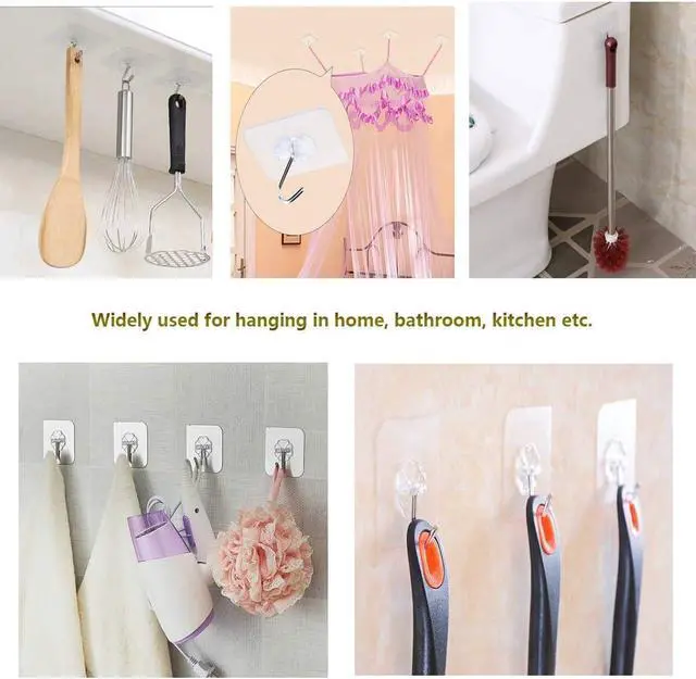 Alt view image 7 of 7 - 20 Pack Transparent Adhesive Hooks 30 lb(Max), Waterproof and Oilproof Reusable Seamless Hooks, Heavy Duty Wall Hook for Kitchen Bathroom Office