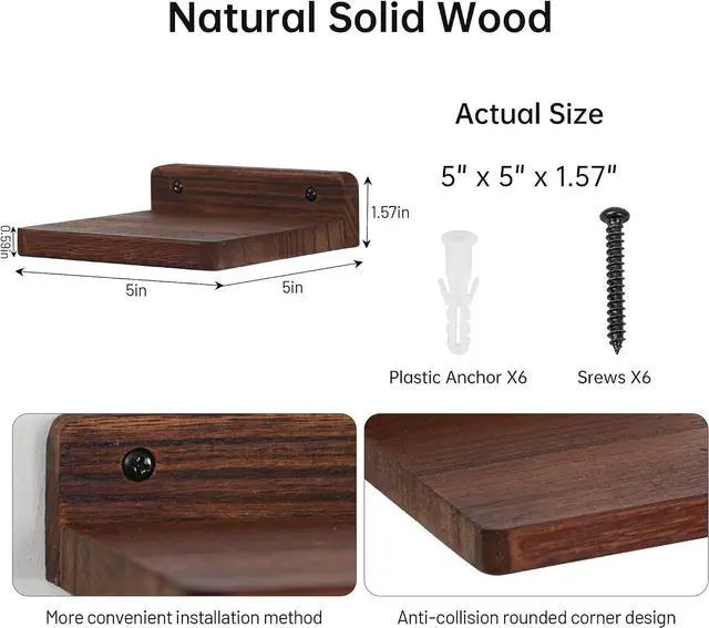 Alt view image 3 of 7 - Small Floating Shelf,5x5 Inch Dark Walnut,Set of 3 Small Wall Shelves for Bedroom Living Room Bathroom Kitchen Decor