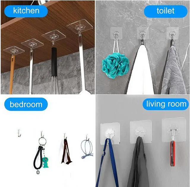 Alt view image 6 of 6 - QUALIALL 33lbs Adhesive Hooks for Hanging on Wall or Ceiling, Heavy Duty, Clear, Damage Free, Traceless, Stick on Hangers for Kitchen Bathroom, 10pcs