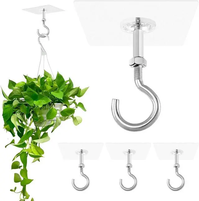 Main image of 4 Pack Adhesive Ceiling Hooks, 11lbs Heavy Duty for Hanging Plants | No Drill Ceiling Hanging Hook for Plants Lanterns,Wind Chimes Stainless Steel Outdoor Adhesive Hooks