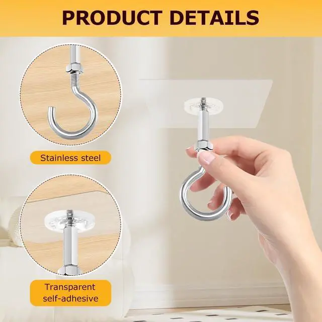 Alt view image 5 of 7 - 4 Pack Adhesive Ceiling Hooks, 11lbs Heavy Duty for Hanging Plants | No Drill Ceiling Hanging Hook for Plants Lanterns,Wind Chimes Stainless Steel Outdoor Adhesive Hooks
