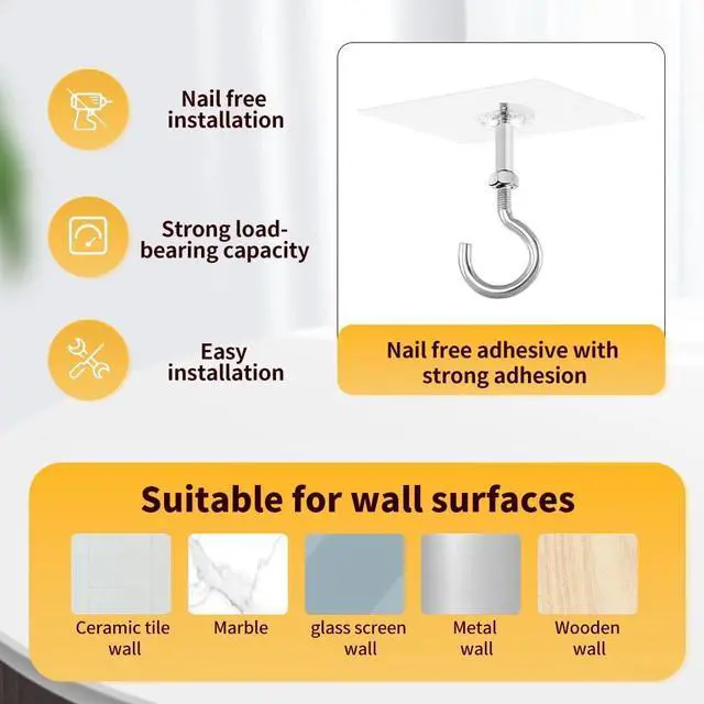 Alt view image 4 of 7 - 4 Pack Adhesive Ceiling Hooks, 11lbs Heavy Duty for Hanging Plants | No Drill Ceiling Hanging Hook for Plants Lanterns,Wind Chimes Stainless Steel Outdoor Adhesive Hooks