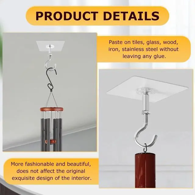 Alt view image 6 of 7 - 4 Pack Adhesive Ceiling Hooks, 11lbs Heavy Duty for Hanging Plants | No Drill Ceiling Hanging Hook for Plants Lanterns,Wind Chimes Stainless Steel Outdoor Adhesive Hooks