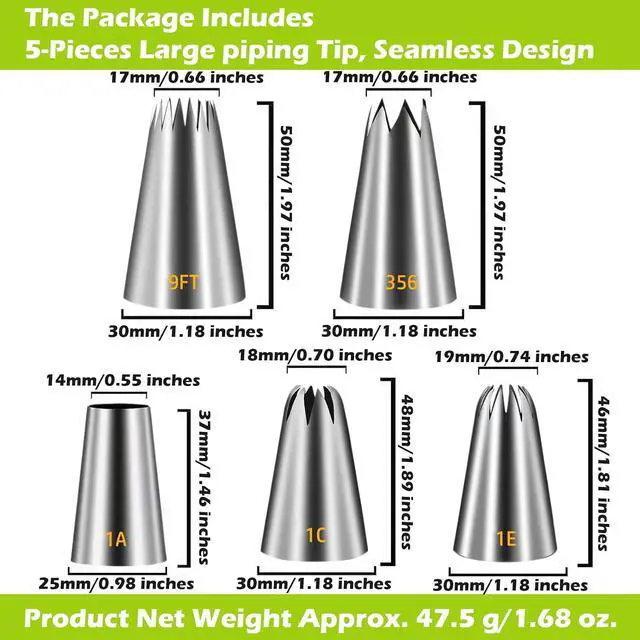 Alt view image 6 of 6 - Suuker Large Piping Tips Set, 5 Cake Decorating Tips, 1A 1E 1C 9FT 356 | 5 Large Icing Tips In Round, Open Star, Closed Star, French Star and Drop Flower Shapes for Cakes, Cupcakes and Cookies