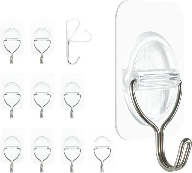 Main image of Clear Adhesive Wall Hooks, Removable Stick On Hooks, 10 Pack | 3.5 x 5.3 cm clear pads with stainless steel hooks for kitchen and bathroom storage