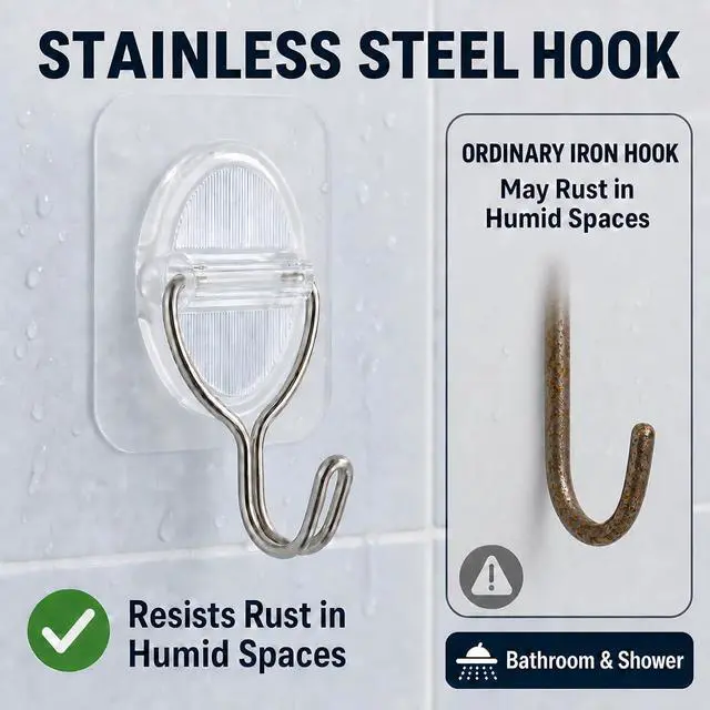 Alt view image 3 of 5 - Clear Adhesive Wall Hooks, Removable Stick On Hooks, 10 Pack | 3.5 x 5.3 cm clear pads with stainless steel hooks for kitchen and bathroom storage