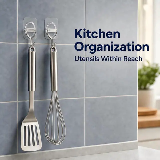 Alt view image 4 of 5 - Clear Adhesive Wall Hooks, Removable Stick On Hooks, 10 Pack | 3.5 x 5.3 cm clear pads with stainless steel hooks for kitchen and bathroom storage