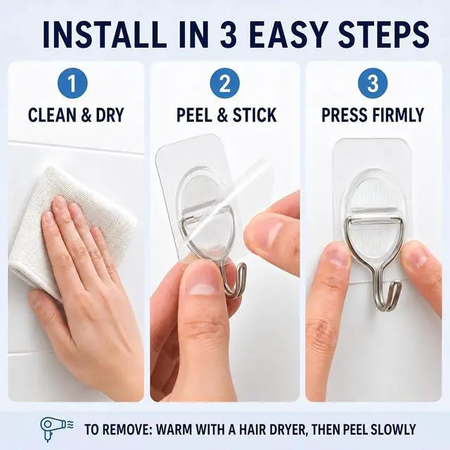 Alt view image 5 of 5 - Clear Adhesive Wall Hooks, Removable Stick On Hooks, 10 Pack | 3.5 x 5.3 cm clear pads with stainless steel hooks for kitchen and bathroom storage