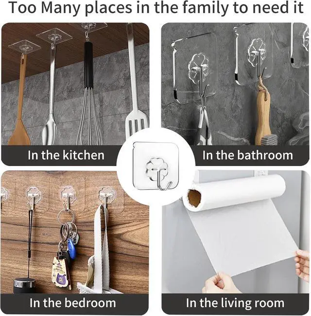 Alt view image 4 of 7 - 12 PCS Adhesive Large Wall Hooks, Wall Hangers Without Nails Self-Adhesive Traceless Clear and Removable, Waterproof and Rustproof Multiple Uses for Bathroom Kitchen Home