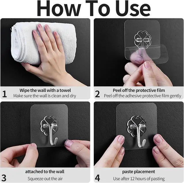 Alt view image 6 of 7 - 12 PCS Adhesive Large Wall Hooks, Wall Hangers Without Nails Self-Adhesive Traceless Clear and Removable, Waterproof and Rustproof Multiple Uses for Bathroom Kitchen Home