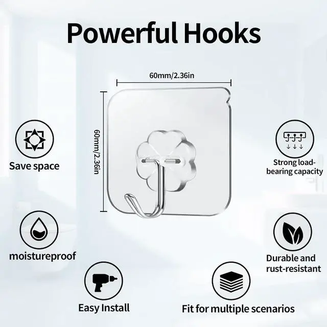 Alt view image 7 of 7 - 12 PCS Adhesive Large Wall Hooks, Wall Hangers Without Nails Self-Adhesive Traceless Clear and Removable, Waterproof and Rustproof Multiple Uses for Bathroom Kitchen Home