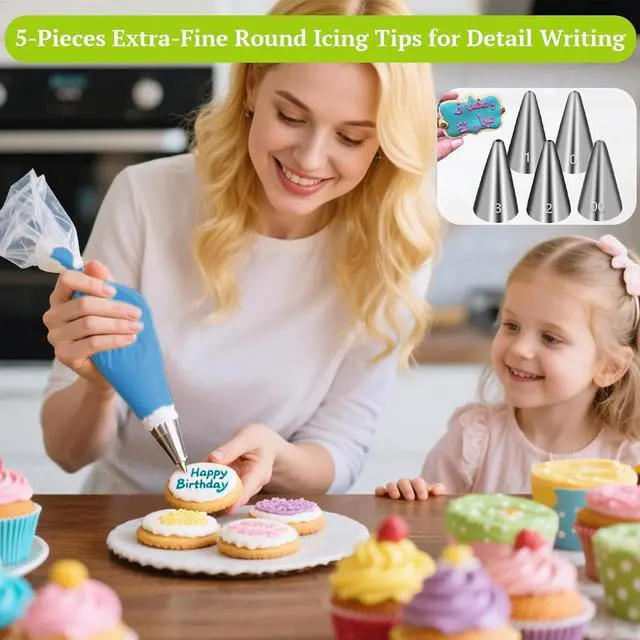 Alt view image 2 of 6 - Suuker Extra-Fine Round Piping Tips Set, 5-Piece Cake Decorating Tips | 5 Small Icing Tips for Cake, Cookie and Cupcake Decorating, Cake Writing Tool