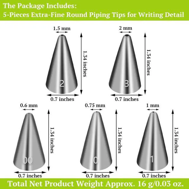 Alt view image 6 of 6 - Suuker Extra-Fine Round Piping Tips Set, 5-Piece Cake Decorating Tips | 5 Small Icing Tips for Cake, Cookie and Cupcake Decorating, Cake Writing Tool