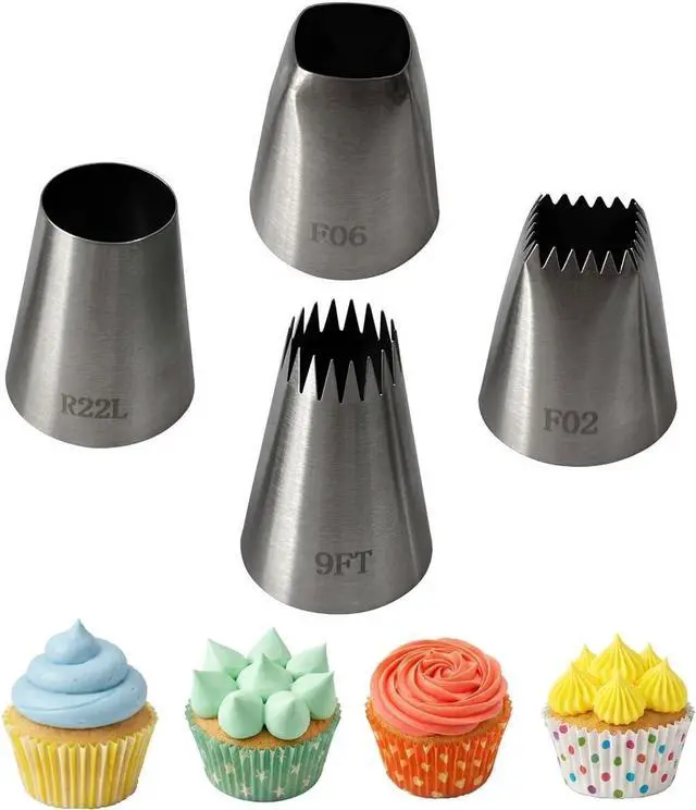 Main image of 4-Piece Extra Large Piping Tips | 4 Jumbo Frosting Nozzles for Thick Cookie Dough, Churros, Eclairs, and Cupcake Decorating (Models: F02, F06, 9FT, R22L)