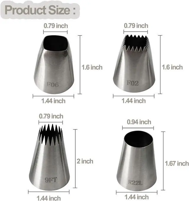 Alt view image 2 of 5 - 4-Piece Extra Large Piping Tips | 4 Jumbo Frosting Nozzles for Thick Cookie Dough, Churros, Eclairs, and Cupcake Decorating (Models: F02, F06, 9FT, R22L)