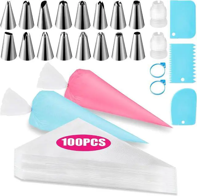 Main image of Piping Bags and Tips Set, 100PCS 16 Inch Pastry Bags, Icing Bags Disposable | Cakes Decorating Supplies Kit, Simple Baking Supplies Set with 16 Piping Tips, 3 Cake Scraper, 2 Couplers, 2 Bag Ties