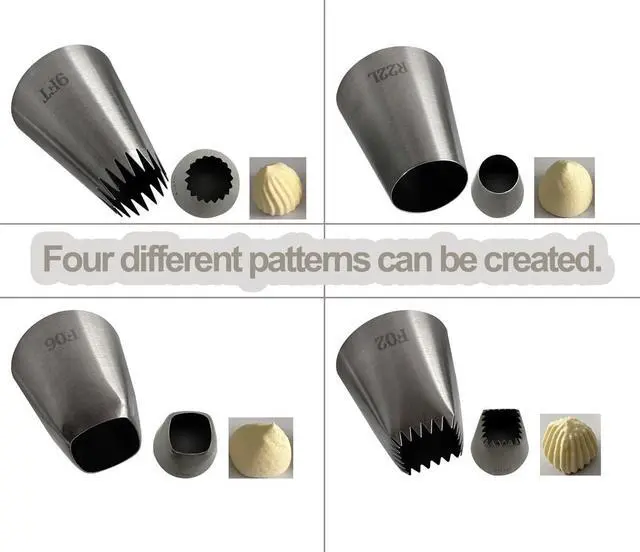 Alt view image 5 of 5 - 4-Piece Extra Large Piping Tips | 4 Jumbo Frosting Nozzles for Thick Cookie Dough, Churros, Eclairs, and Cupcake Decorating (Models: F02, F06, 9FT, R22L)