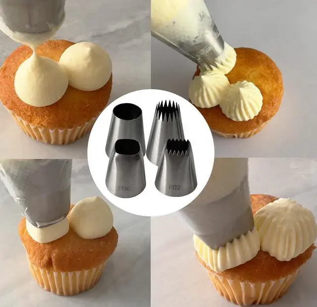 Alt view image 4 of 5 - 4-Piece Extra Large Piping Tips | 4 Jumbo Frosting Nozzles for Thick Cookie Dough, Churros, Eclairs, and Cupcake Decorating (Models: F02, F06, 9FT, R22L)