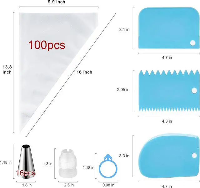Alt view image 2 of 7 - Piping Bags and Tips Set, 100PCS 16 Inch Pastry Bags, Icing Bags Disposable | Cakes Decorating Supplies Kit, Simple Baking Supplies Set with 16 Piping Tips, 3 Cake Scraper, 2 Couplers, 2 Bag Ties